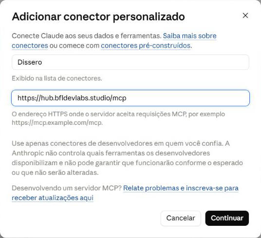 Formulário real do Claude preenchido com Dissero e https://hub.bfldevlabs.studio/mcp